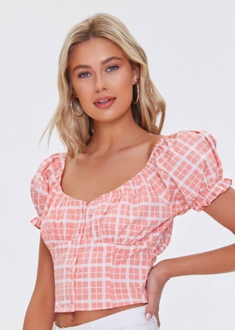 Pink Forever 21 Grid Print Puff Sleeve Crop Top S